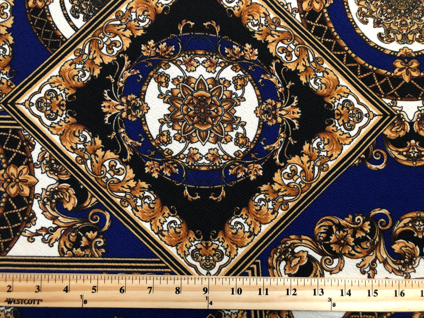 Liverpool Knit Printed Fabric-Navy Blue Gold Arabic Mosaics-LVPR291-Sold by the Yard-Apparel Fabric