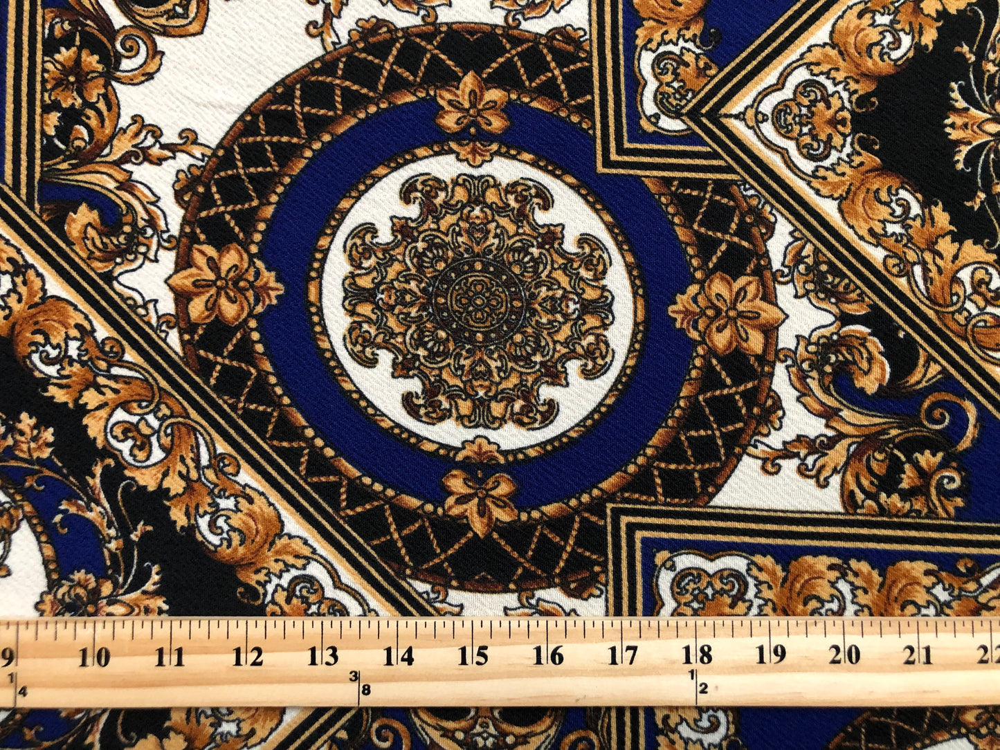 Liverpool Knit Printed Fabric-Navy Blue Gold Arabic Mosaics-LVPR291-Sold by the Yard-Apparel Fabric