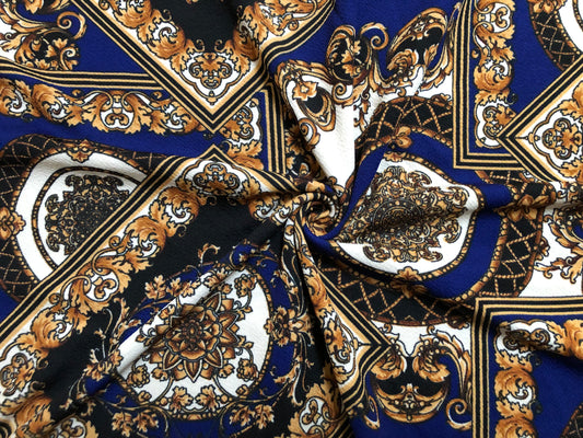 Liverpool Knit Printed Fabric-Navy Blue Gold Arabic Mosaics-LVPR291-Sold by the Yard-Apparel Fabric