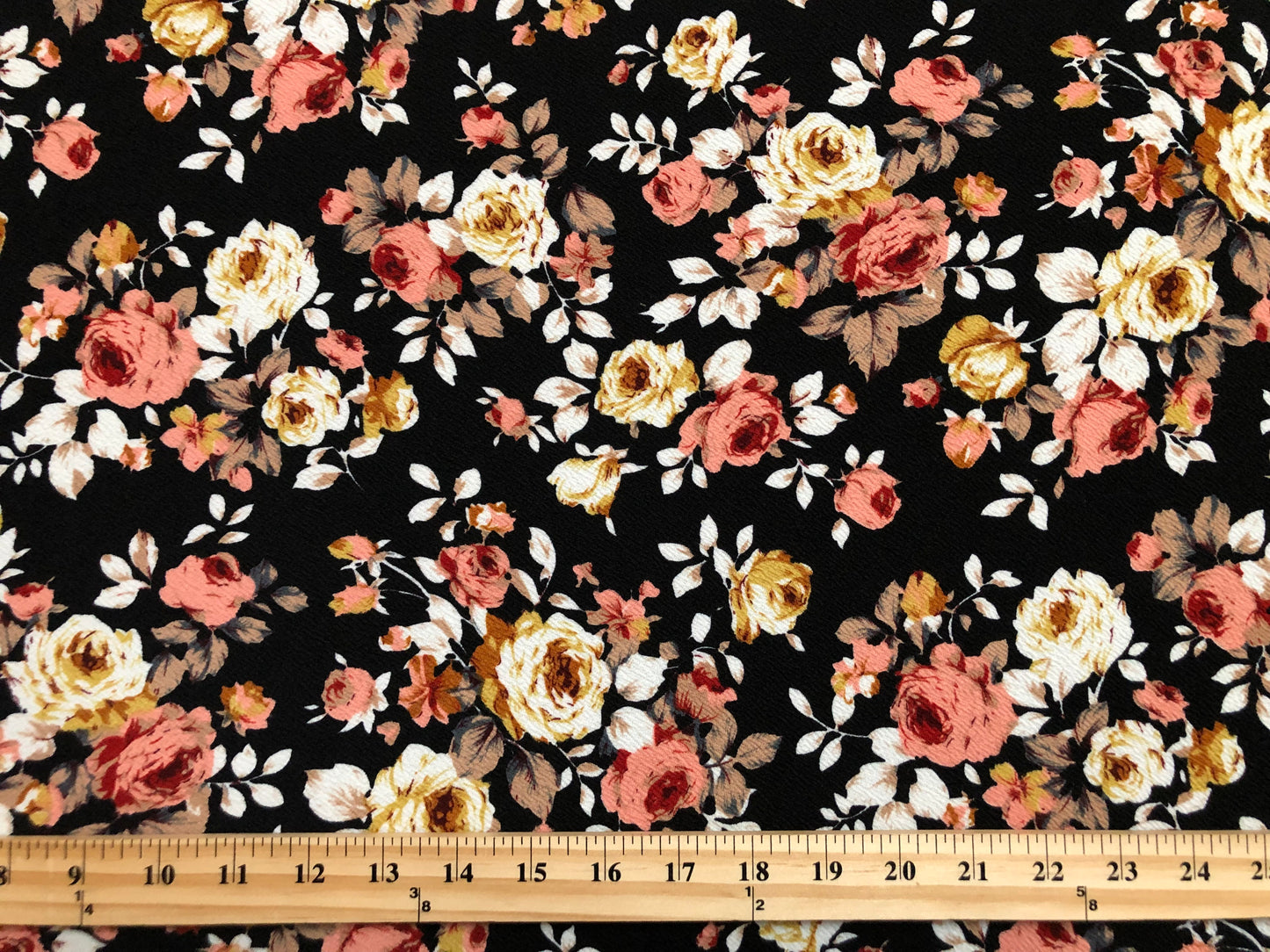 Liverpool Knit – Yellow/Mauve & White Roses on Black Floral – 4-Way Stretch, 56″ Wide, 200 GSM – Sold by the Yard (LVPR075)