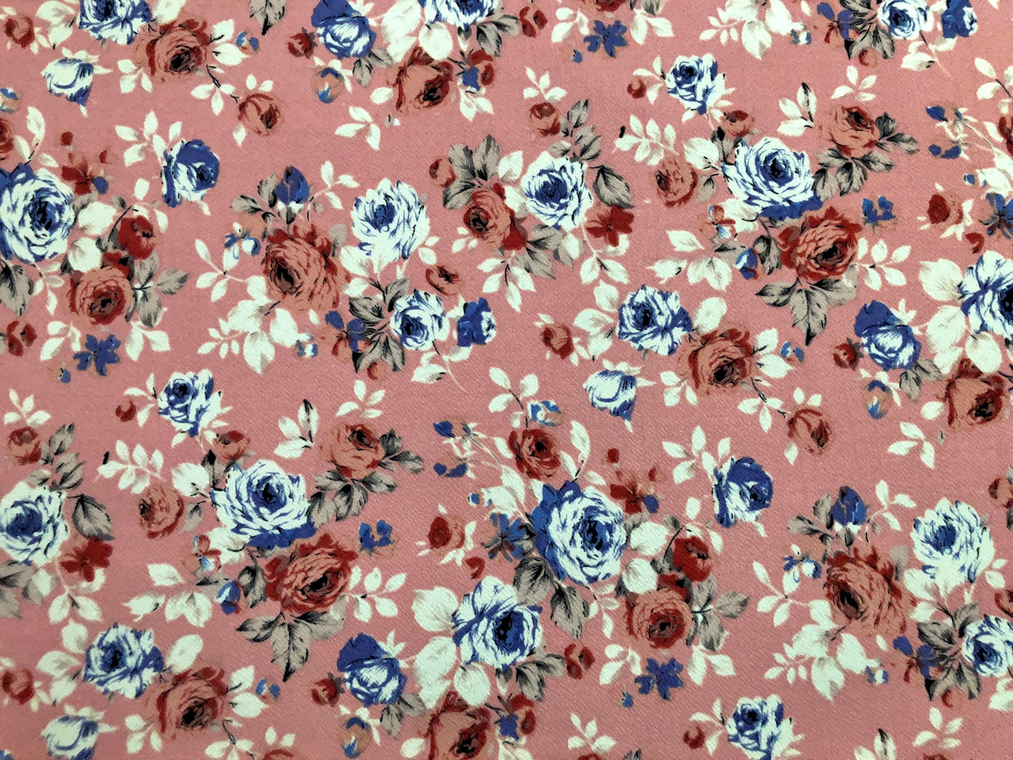 Liverpool Knit Print Fabric-Pink Ivory Blue Roses-LVPR038-Sold by the Yard-Apparel Fabric