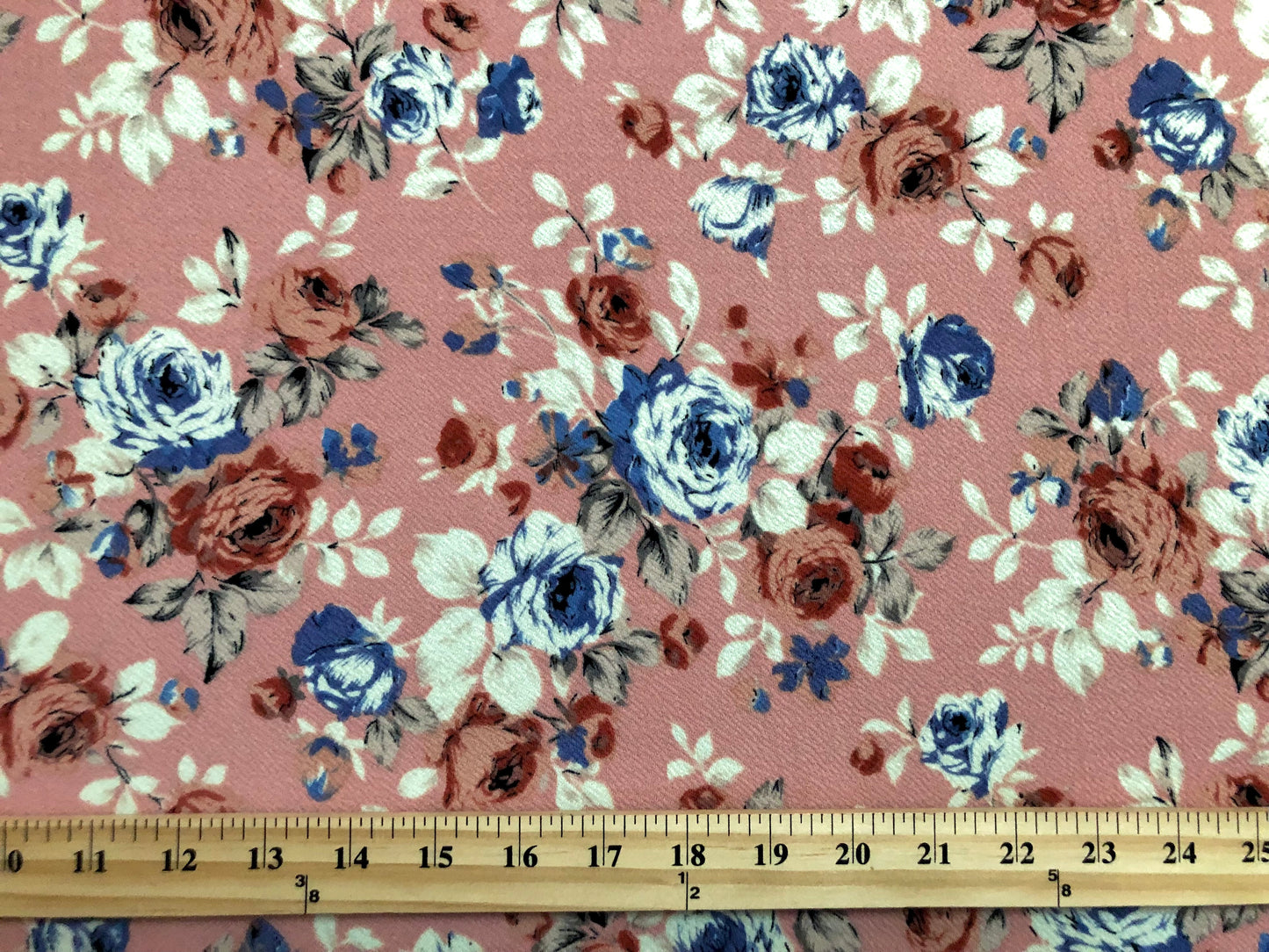 Liverpool Knit – Blue/White & Mauve Vintage Roses & White Leaves on Vivid Pink Floral – 4-Way Stretch, 56″ Wide, 200 GSM – Sold by the Yard (LVPR038)