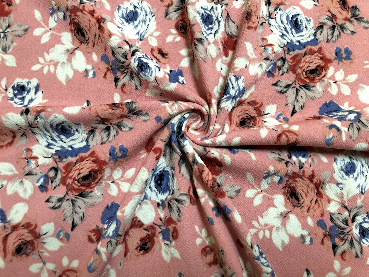 Liverpool Knit Print Fabric-Pink Ivory Blue Roses-LVPR038-Sold by the Yard-Apparel Fabric