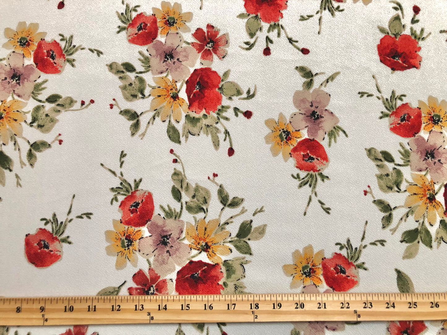 Liverpool Knit Printed Fabric-Ivory Red Yellow Flowers-LVPR299-Sold by the Yard-Apparel Fabric