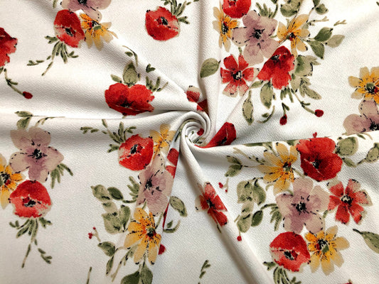 Liverpool Knit Printed Fabric-Ivory Red Yellow Flowers-LVPR299-Sold by the Yard-Apparel Fabric