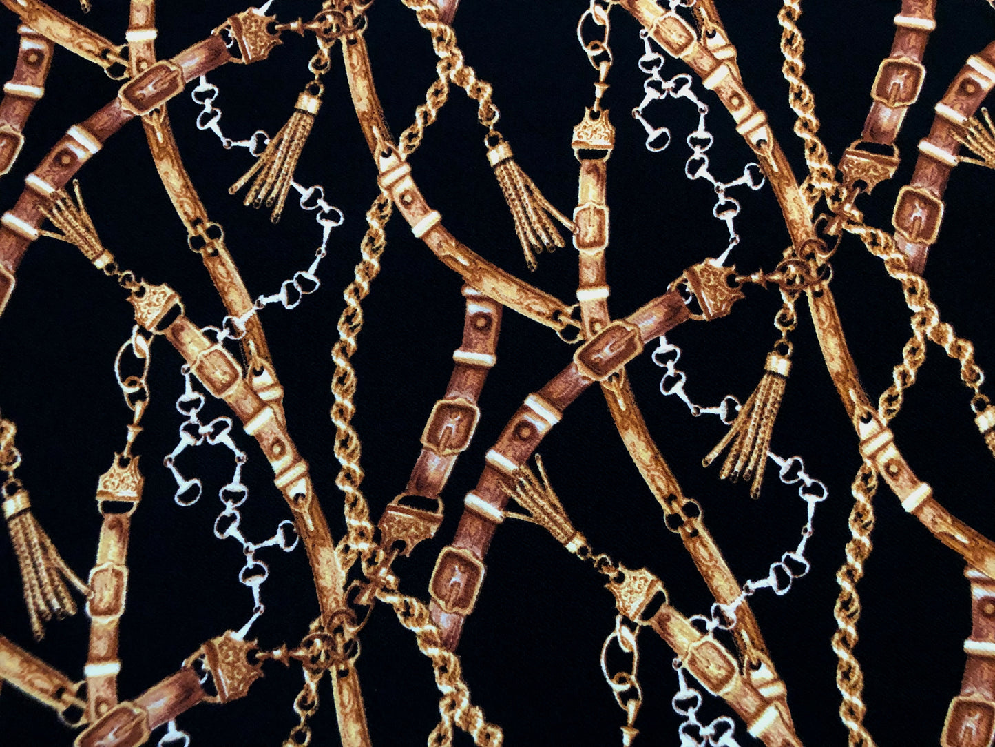 Liverpool Knit Printed Fabric-Black Gold Chains and Belts-LVPR302-Sold by the Yard-Designer Inspired Fabric