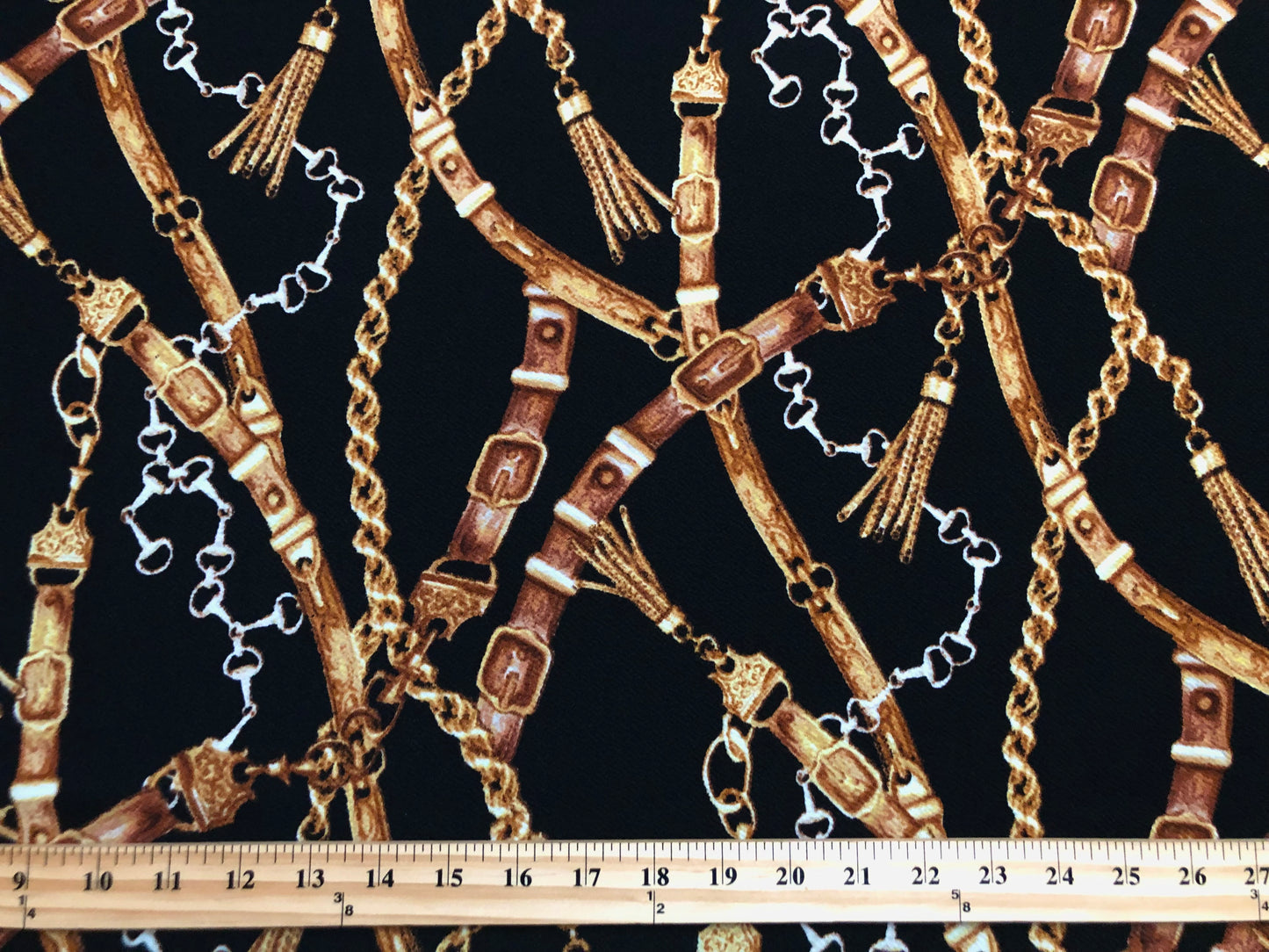 Liverpool Knit Printed Fabric-Black Gold Chains and Belts-LVPR302-Sold by the Yard-Designer Inspired Fabric