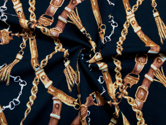 Liverpool Knit Printed Fabric-Black Gold Chains and Belts-LVPR302-Sold by the Yard-Designer Inspired Fabric