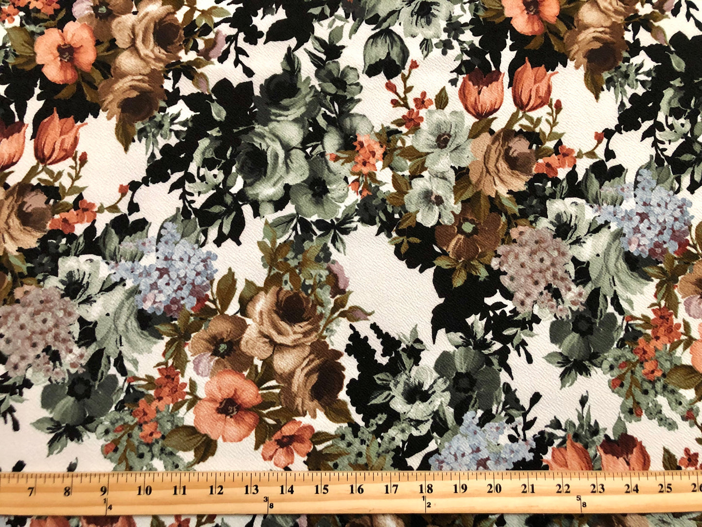 Liverpool Knit – Coral/Brown/Gray on Ivory Bouquet Floral – 4-Way Stretch, 56″ Wide, 200 GSM – Sold by the Yard (LVPR007)
