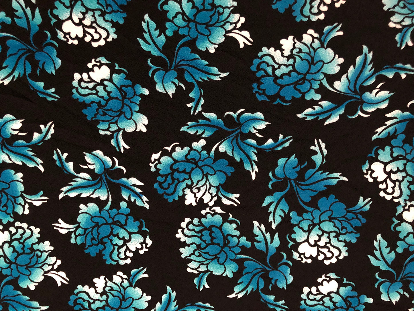 Liverpool Knit Printed Fabric-Black White Blue Shadowed Flowers-LVPR305-Sold by the Yard-Apparel Fabric