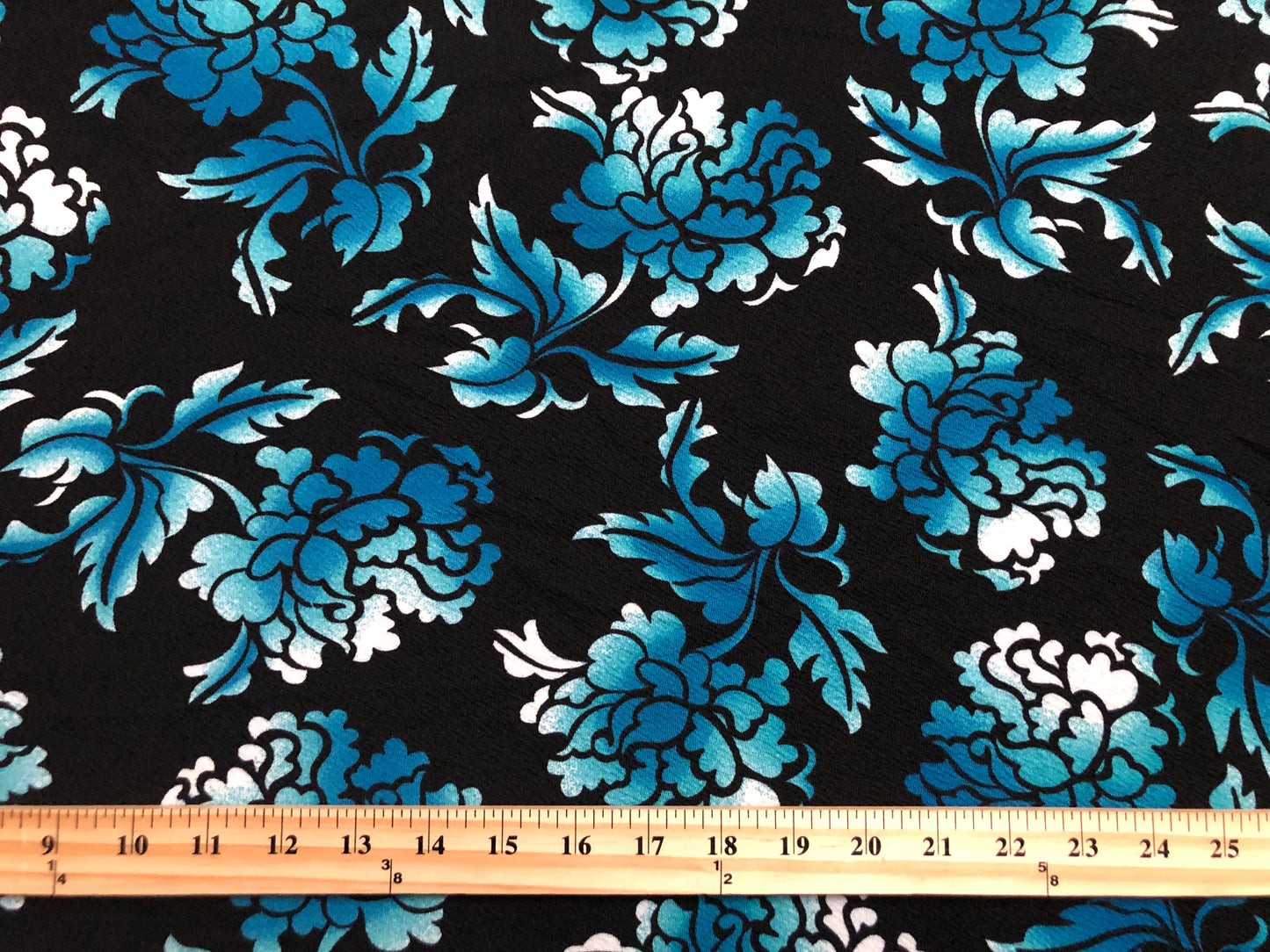 Liverpool Knit Printed Fabric-Black White Blue Shadowed Flowers-LVPR305-Sold by the Yard-Apparel Fabric