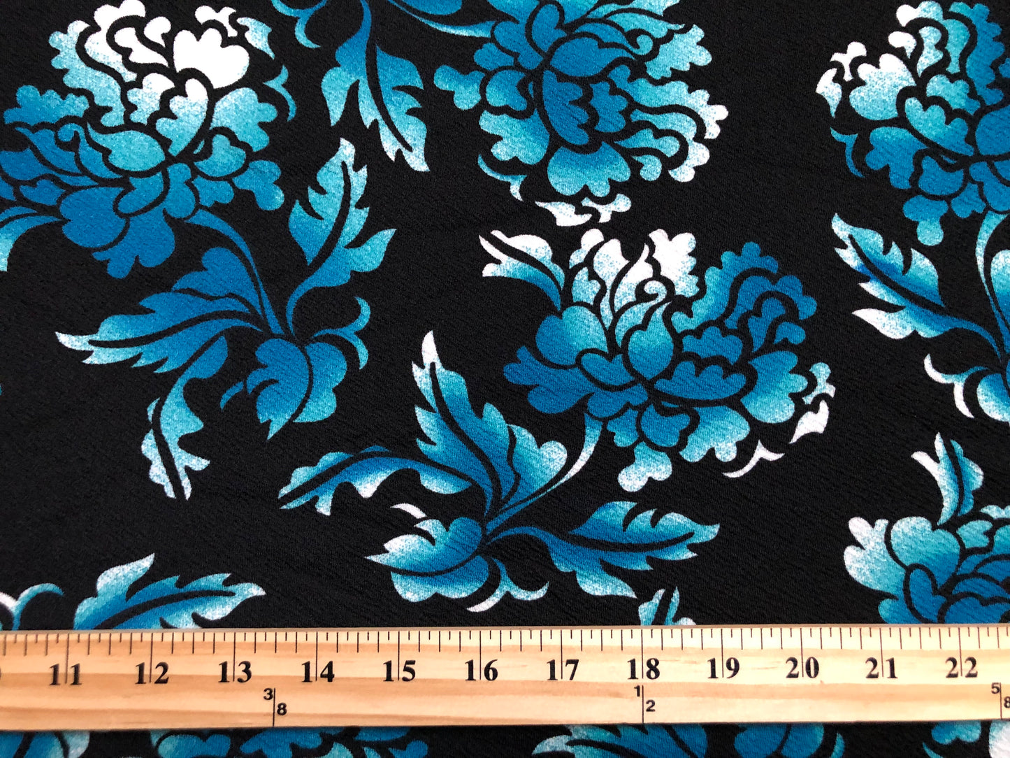Liverpool Knit Printed Fabric-Black White Blue Shadowed Flowers-LVPR305-Sold by the Yard-Apparel Fabric
