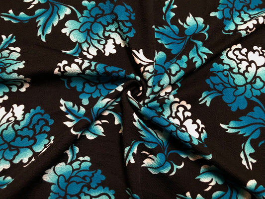 Liverpool Knit Printed Fabric-Black White Blue Shadowed Flowers-LVPR305-Sold by the Yard-Apparel Fabric