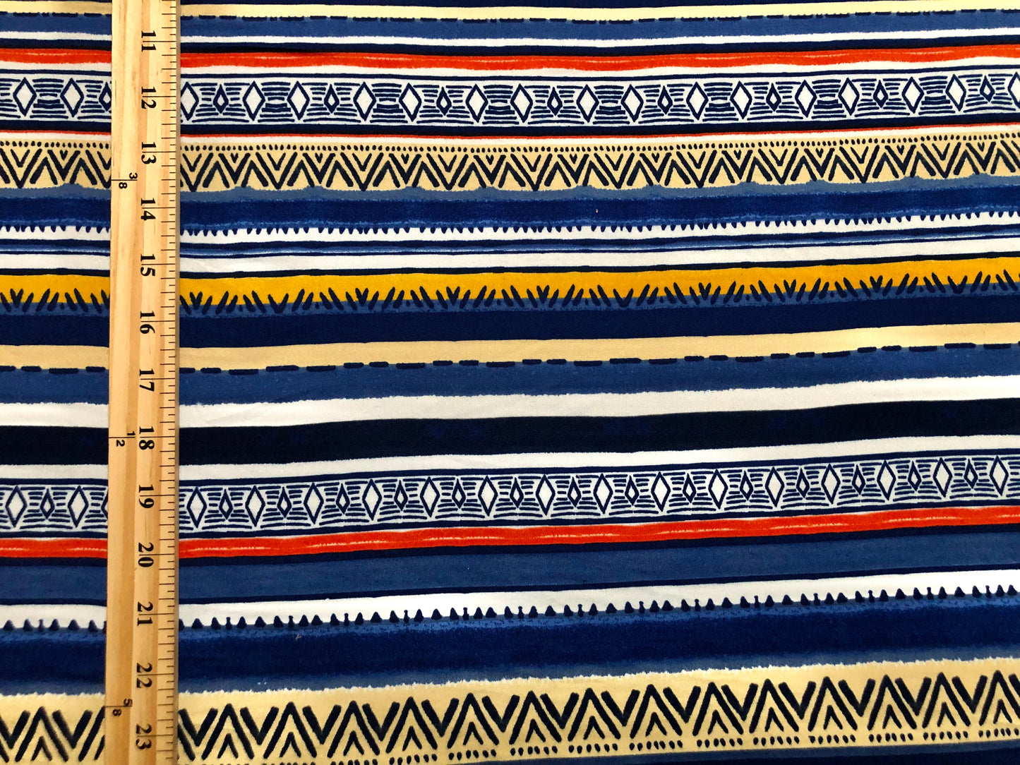 DTY Brushed Fabric-Ivory Navy Blue Yellow Aztec Symbols-DTYBPR350-Sold by the Yard-Jersey Fabric