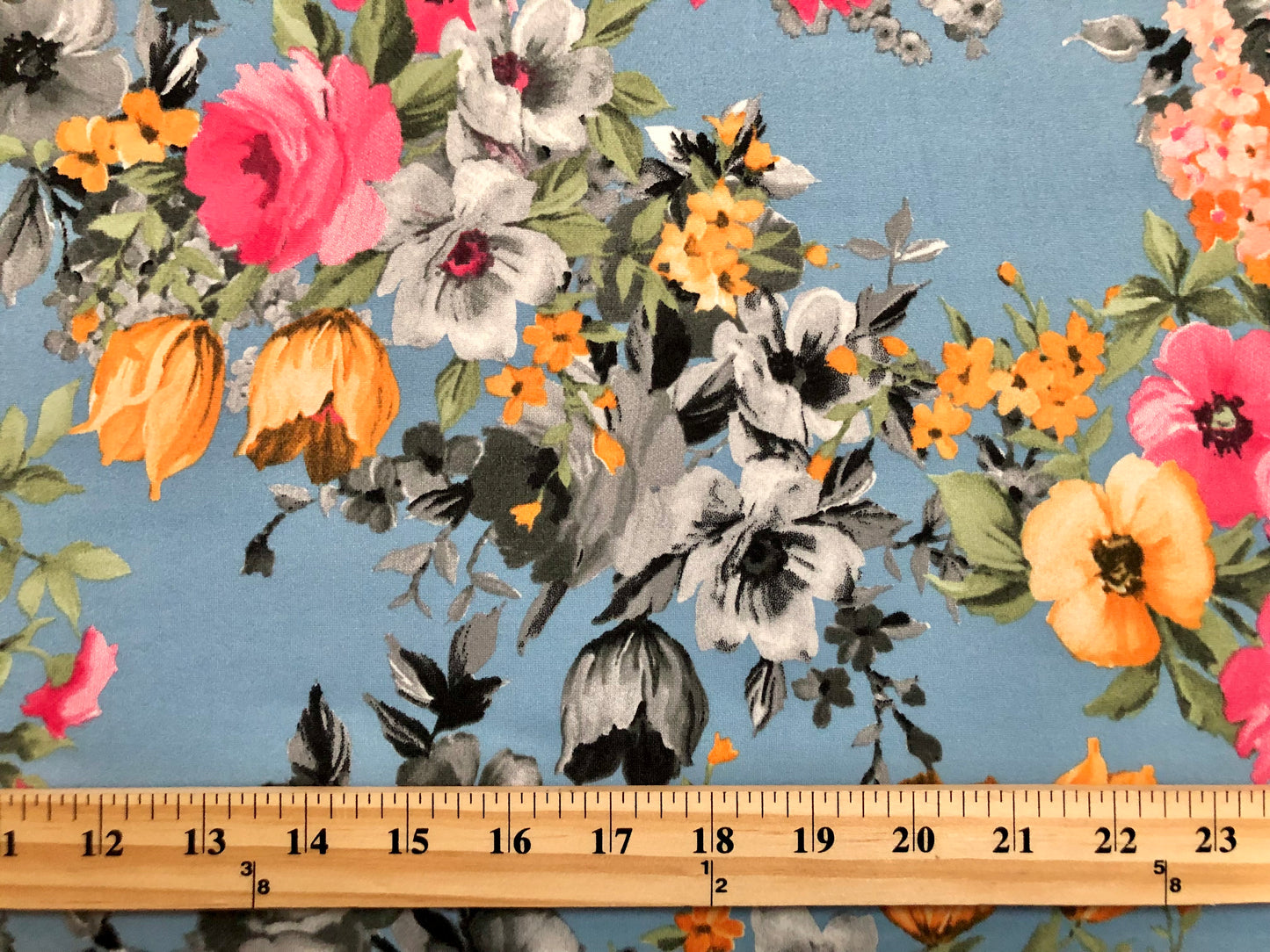 DTY Brushed Fabric-Blue Pink Gray Roses-DTYBPR362-Sold by the Yard-Jersey Fabric