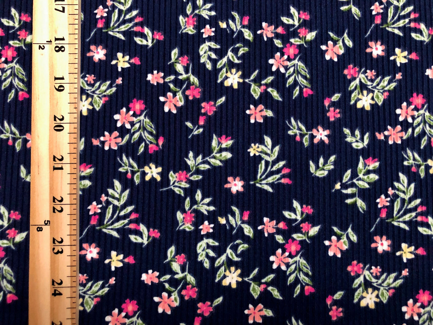Navy Floral Rib Knit – Rose & Pink– Apparel-Grade Poly/Rayon/Spandex – 60" Wide by the Yard (PRRPR033)
