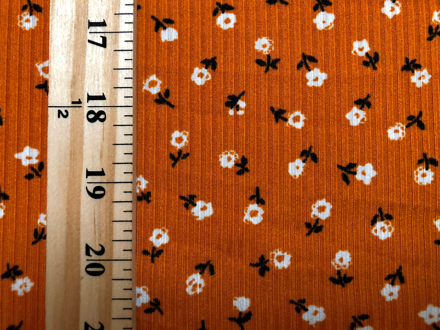 Pumpkin Ditsy Floral Rib Knit – White Blossoms– Apparel-Grade Poly/Rayon/Spandex, 4-Way Stretch – 60" Width, Sold by the Yard (PRRPR045)