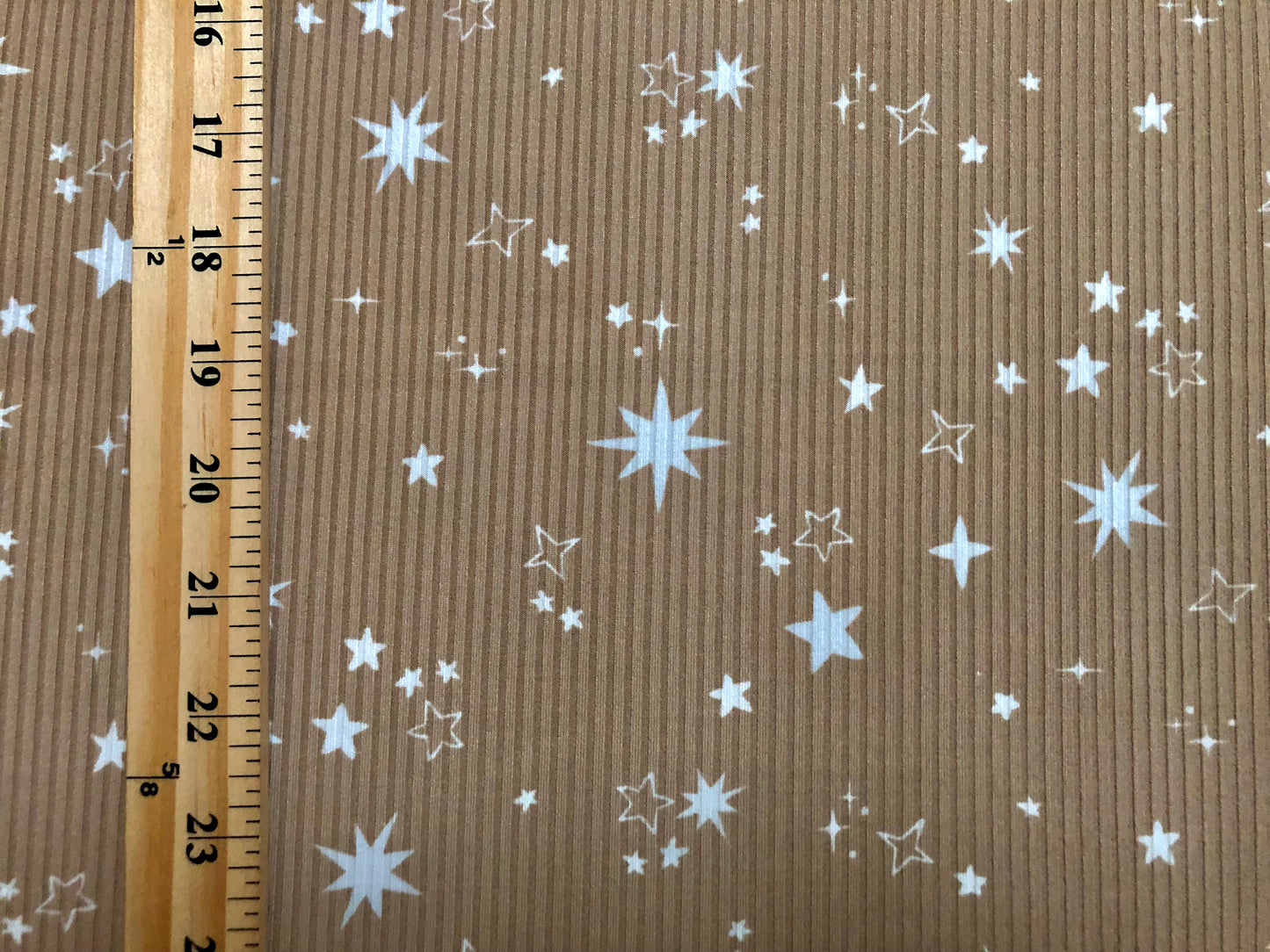Beige Star Rib Knit – White Constellation – Apparel-Grade Poly/Rayon/Spandex – 60" Wide, Sold by the Yard (PRRPR040)