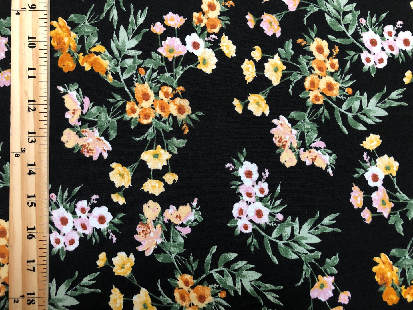 DTY Brushed Fabric-Black Mustard Pink Flowers-DTYBPR472-Sold by the Yard-Jersey Fabric