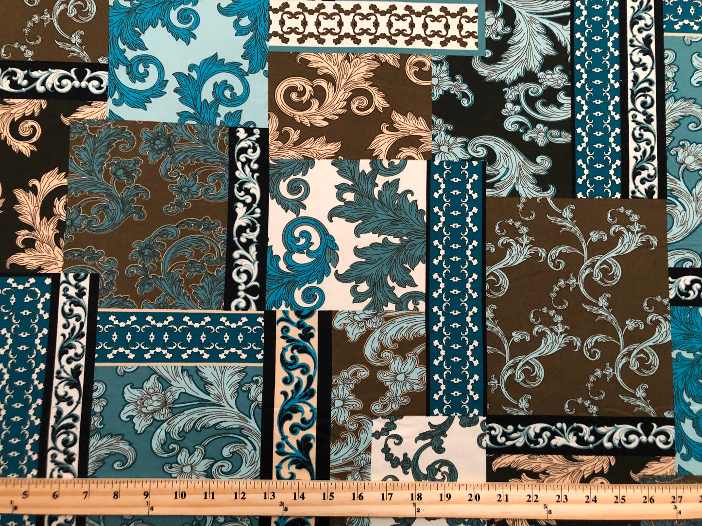 DTY Brushed Fabric-Blue Brown Gray Damask Mosaics-DTYBPR503-Sold by the Yard-Jersey Fabric