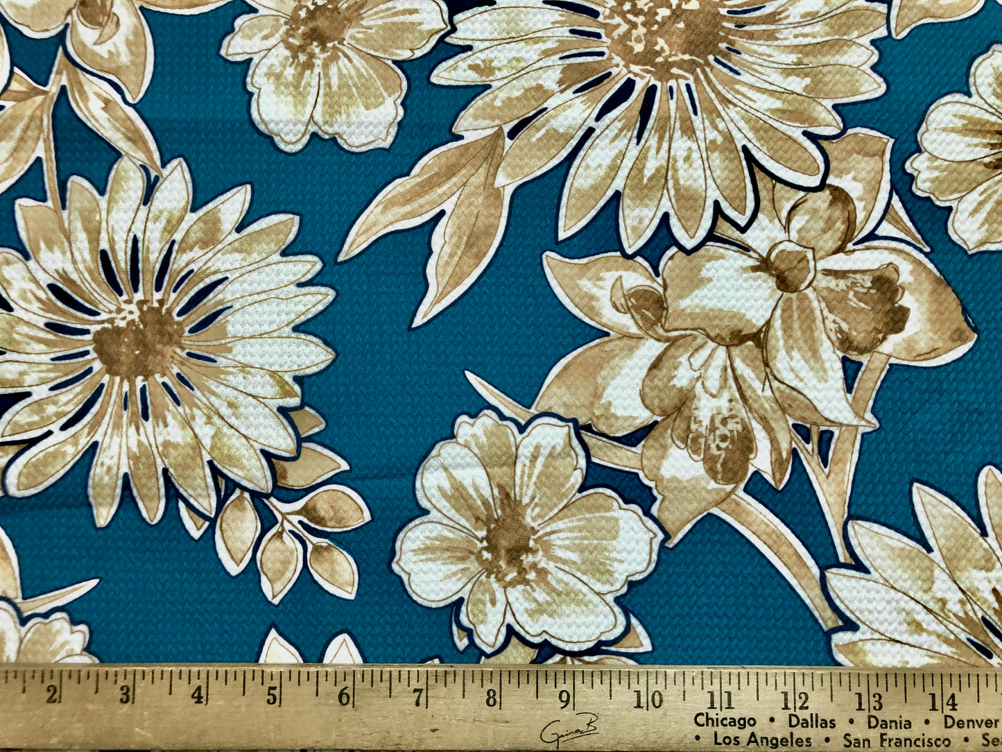 Bullet Knit Printed Fabric-Teal Gold White Sunflowers-BPR091-Sold by the Yard-Bulk Available