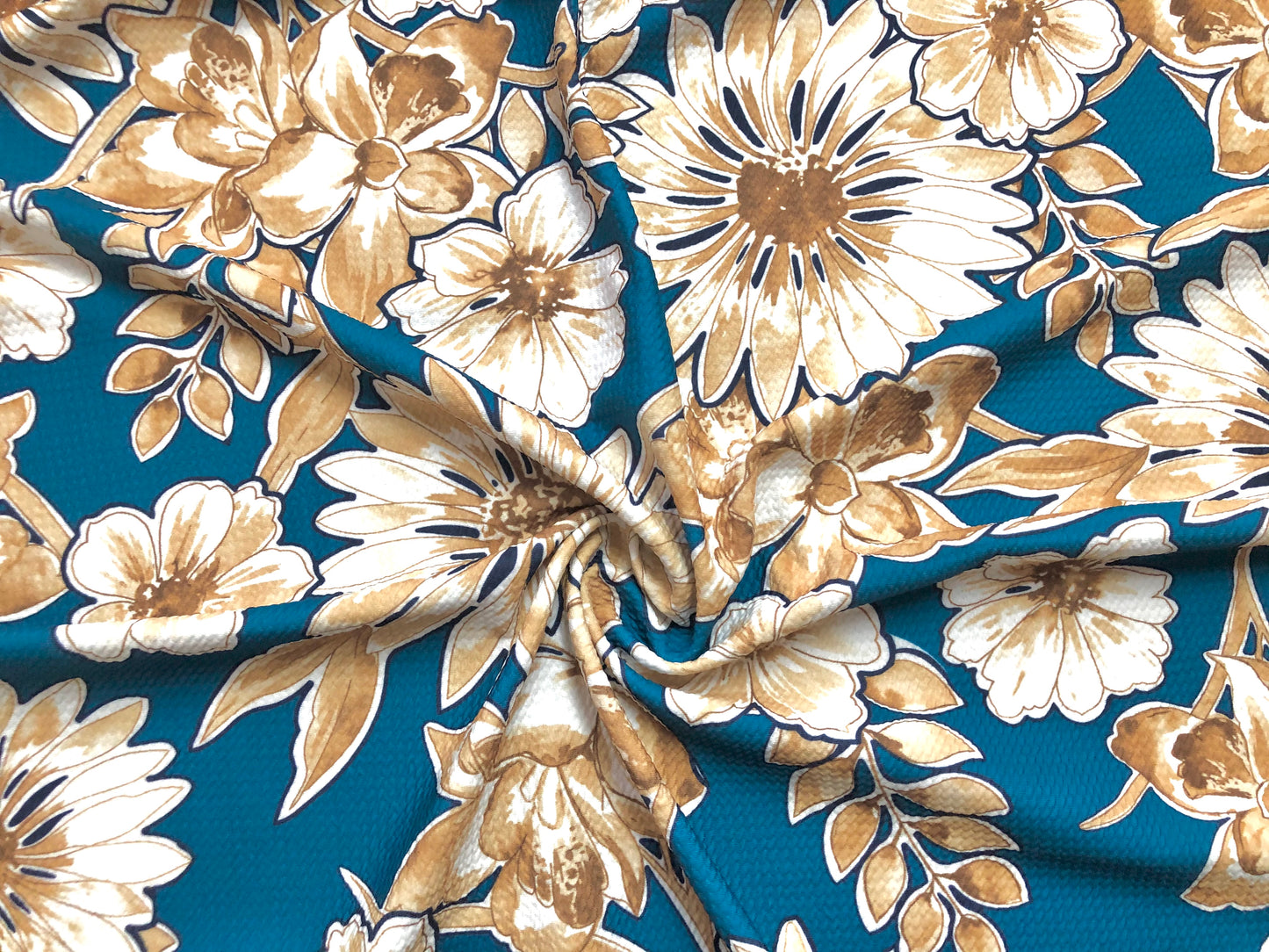 Bullet Knit Fabric - Teal Gold Sunflowers Print, 56″ Wide, Sold by the Yard (BPR091)