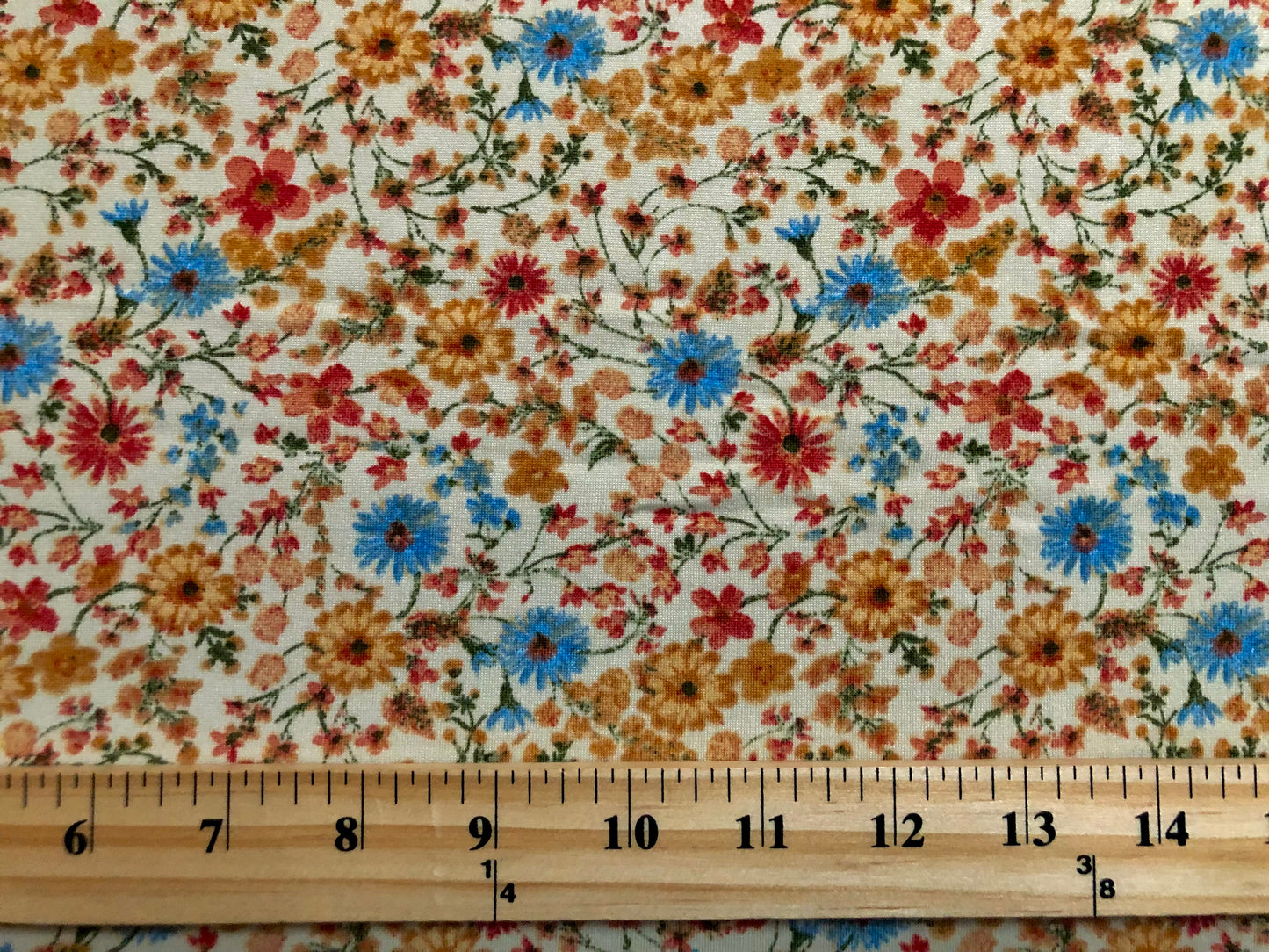 DTY Brushed Fabric-Vanilla Red Brown 3/4" Blue Flowers-DTYBPR492-Sold by the Yard-Jersey Fabric
