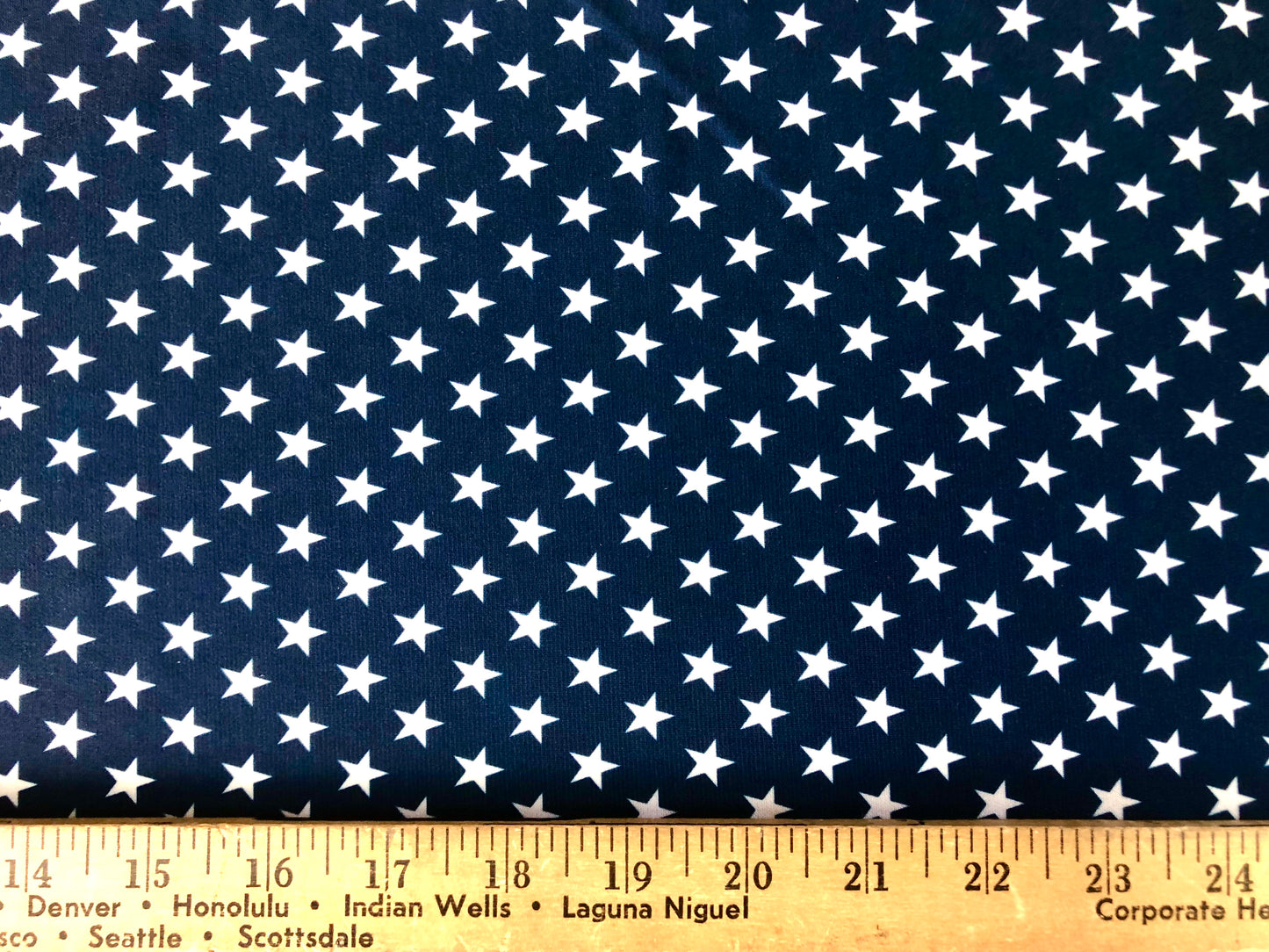 Navy & White Star ITY Knit – Silky Travel Knit, 4-Way Stretch, 58” Wide, 95/5 Poly Spandex (ITYPR01)