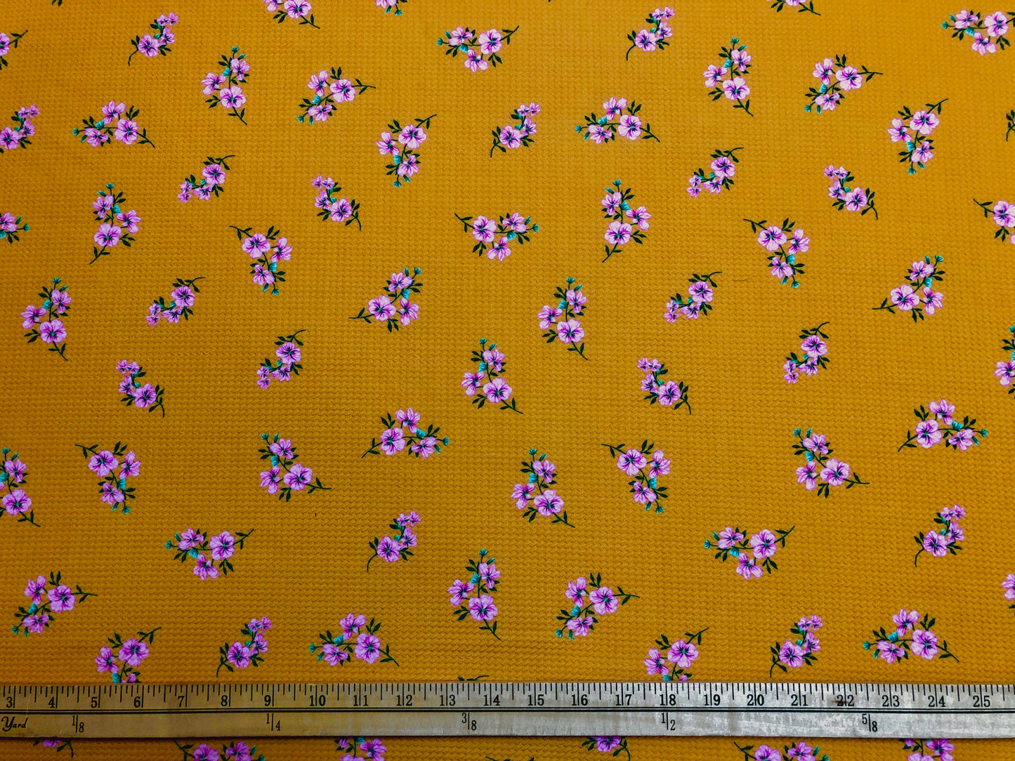Bullet Knit Fabric - Mustard Lavender Flowers Print, 56″ Wide, Sold by the Yard (BPR092)