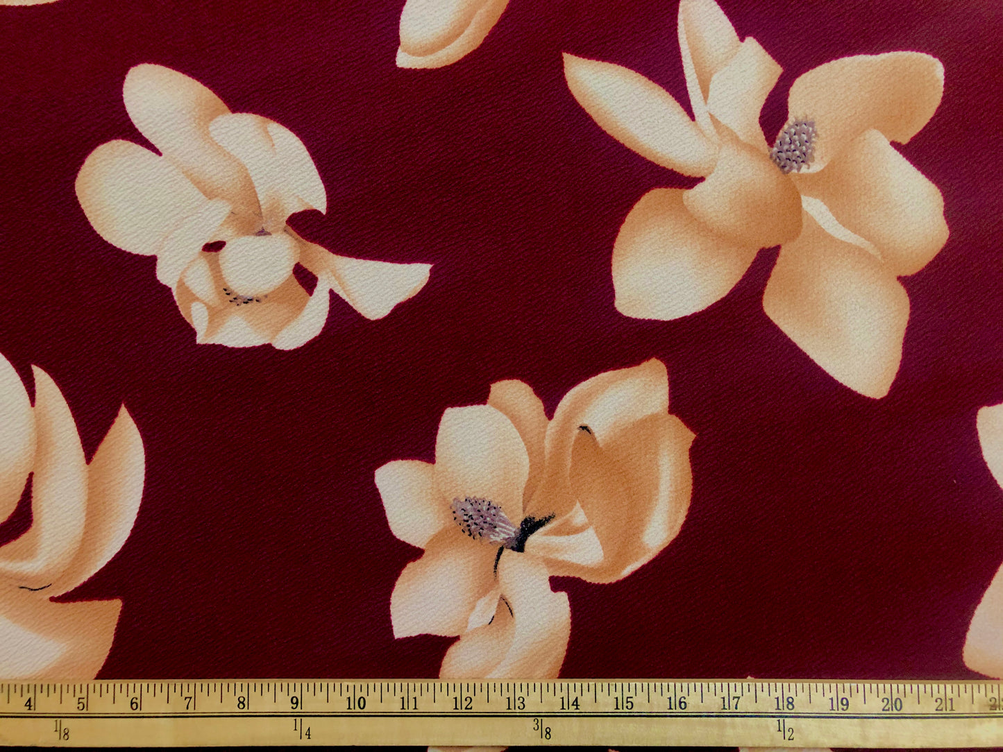Liverpool Knit – Burgundy & Champagne Magnolia Blooms – 4-Way Stretch, 56″ Wide, 200 GSM – Sold by the Yard (LVPR202)