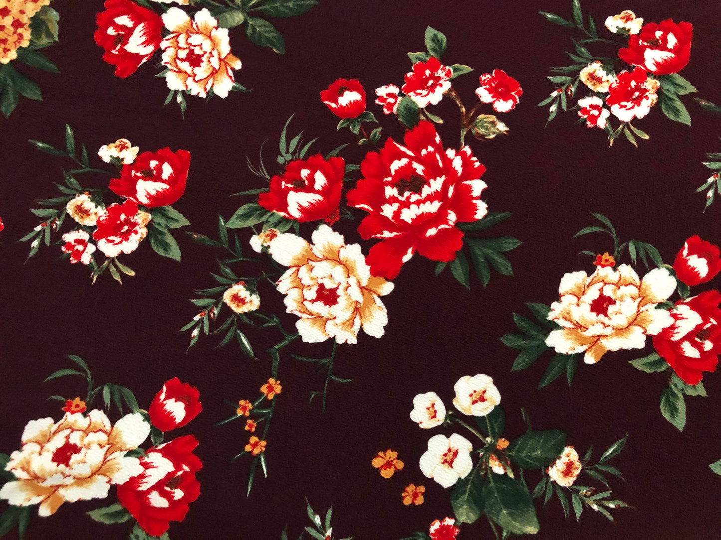 Liverpool Knit Printed Fabric-Maroon Red Mustard Flowers-LVPR307-Sold by the Yard-Apparel Fabric