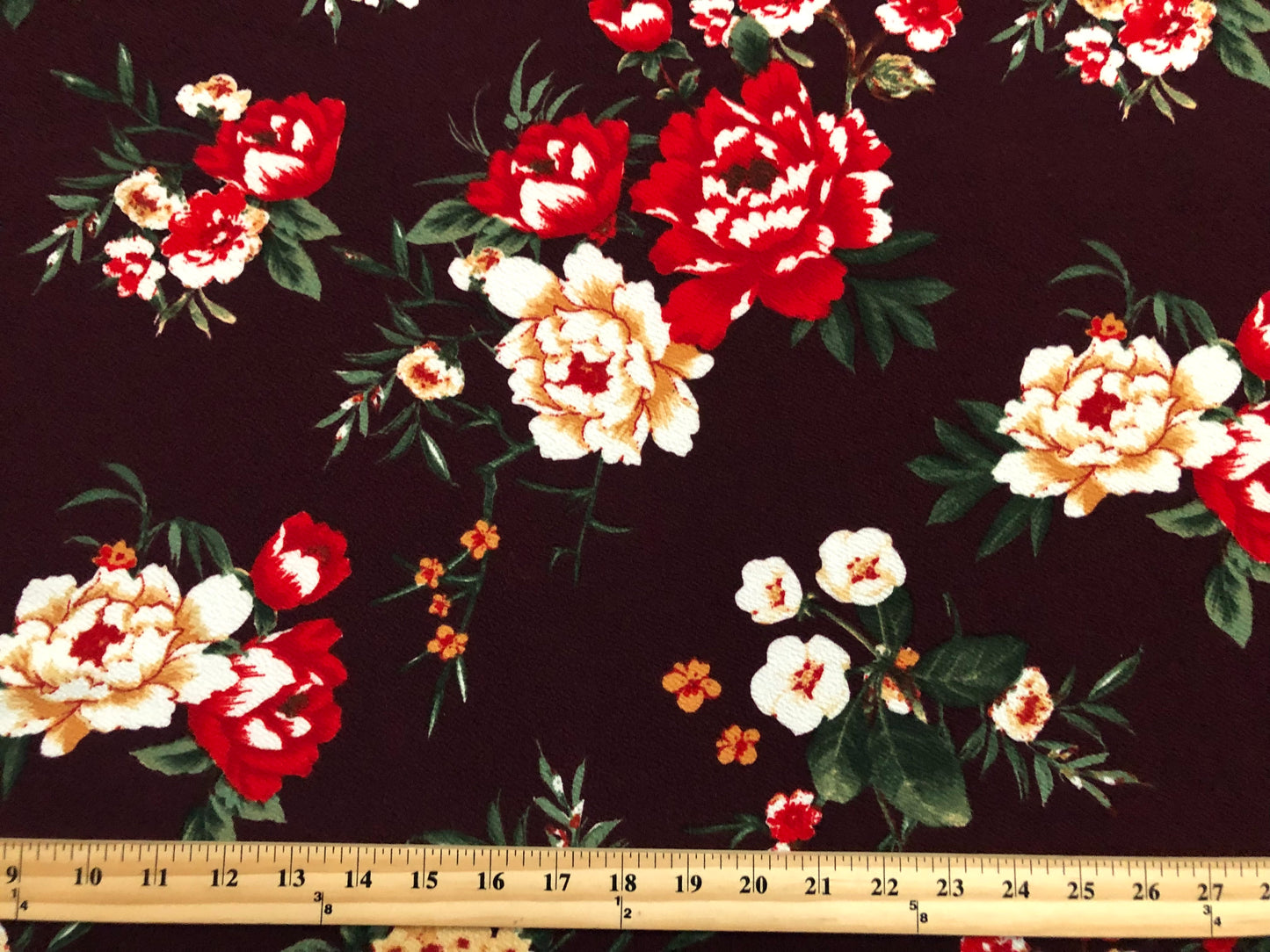 Liverpool Knit Printed Fabric-Maroon Red Mustard Flowers-LVPR307-Sold by the Yard-Apparel Fabric