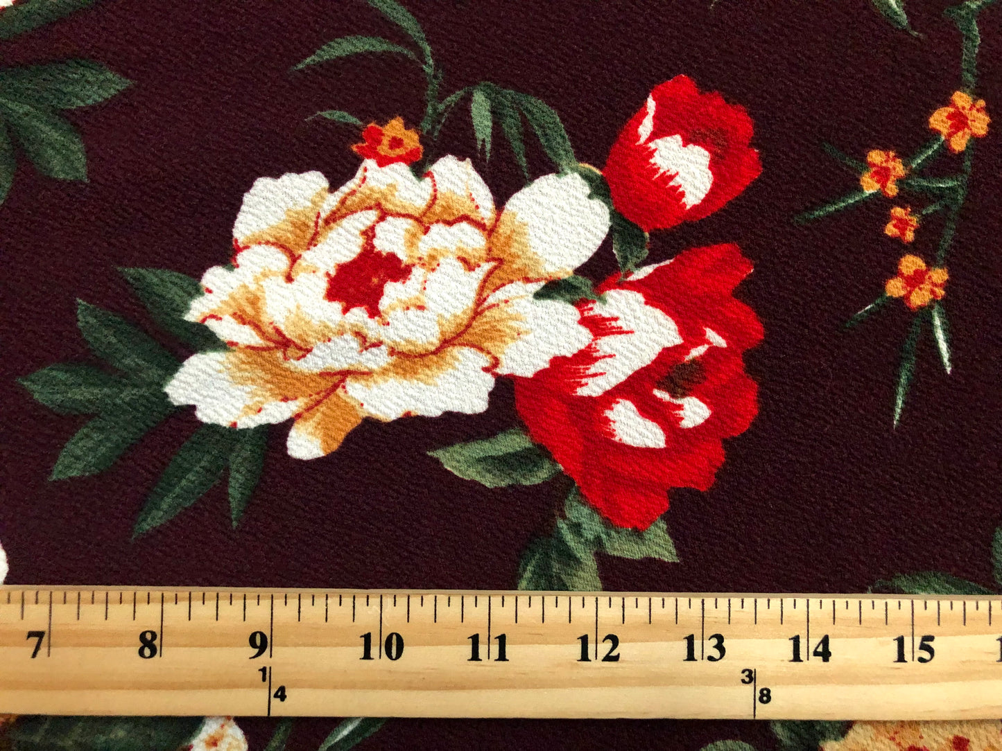 Liverpool Knit Printed Fabric-Maroon Red Mustard Flowers-LVPR307-Sold by the Yard-Apparel Fabric
