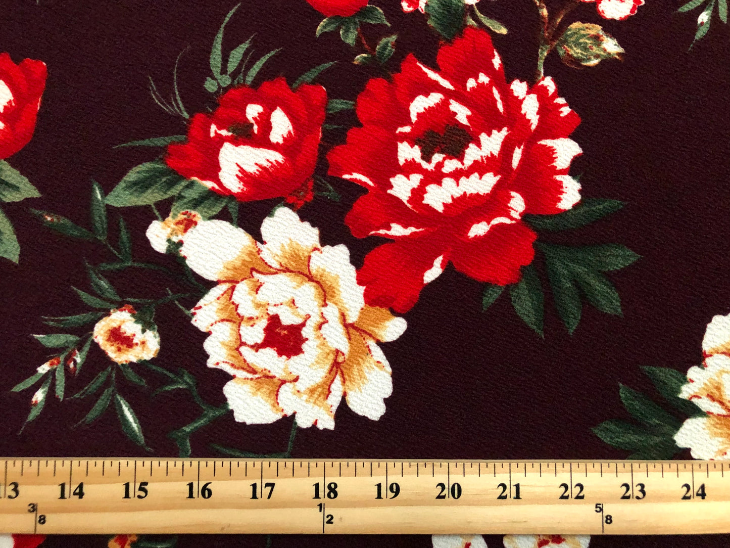 Liverpool Knit Printed Fabric-Maroon Red Mustard Flowers-LVPR307-Sold by the Yard-Apparel Fabric