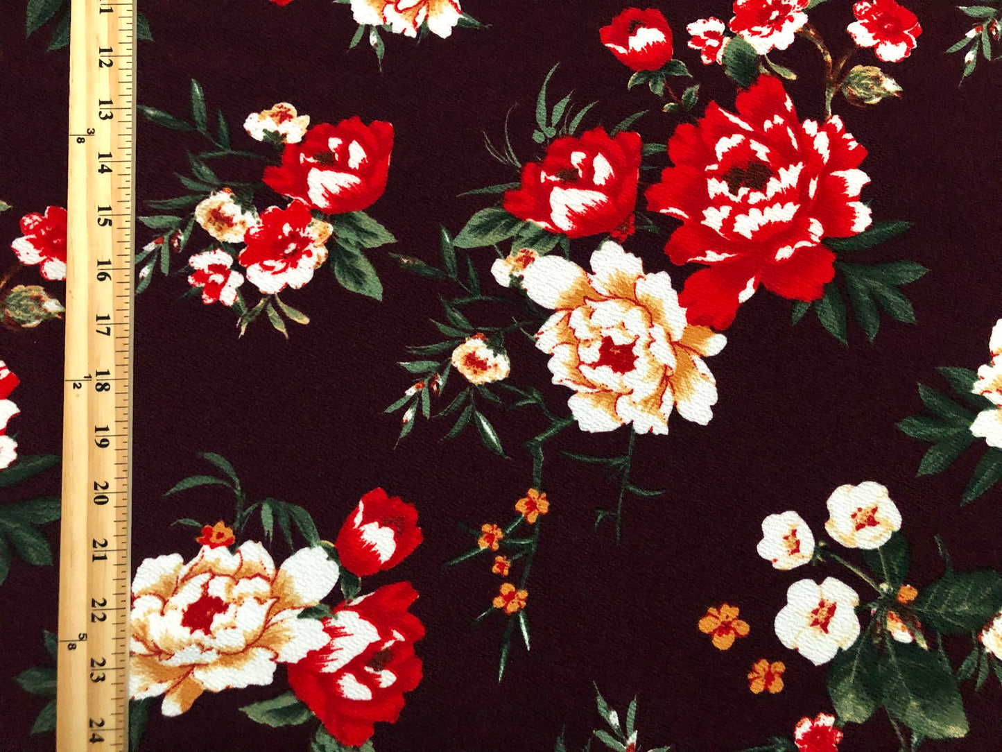 Liverpool Knit Printed Fabric-Maroon Red Mustard Flowers-LVPR307-Sold by the Yard-Apparel Fabric