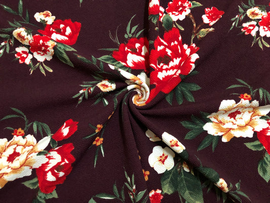 Liverpool Knit Printed Fabric-Maroon Red Mustard Flowers-LVPR307-Sold by the Yard-Apparel Fabric