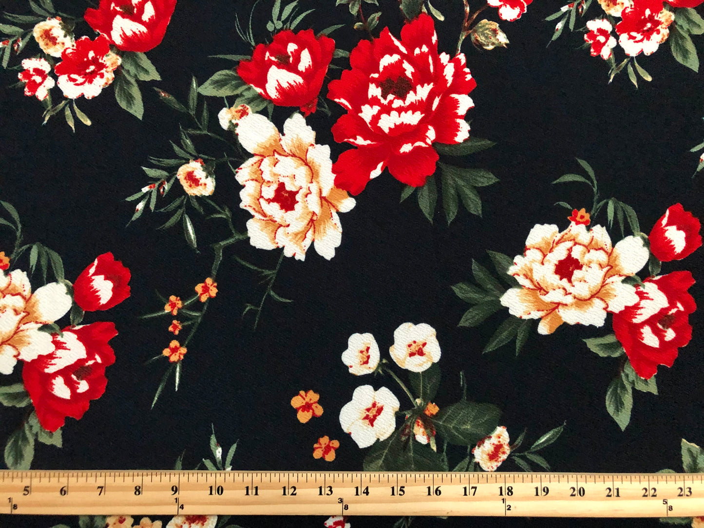 Liverpool Print Fabric-Navy Blue Red Mustard Ivory Flowers-LVPR306-Sold by the Yard-Apparel Fabric