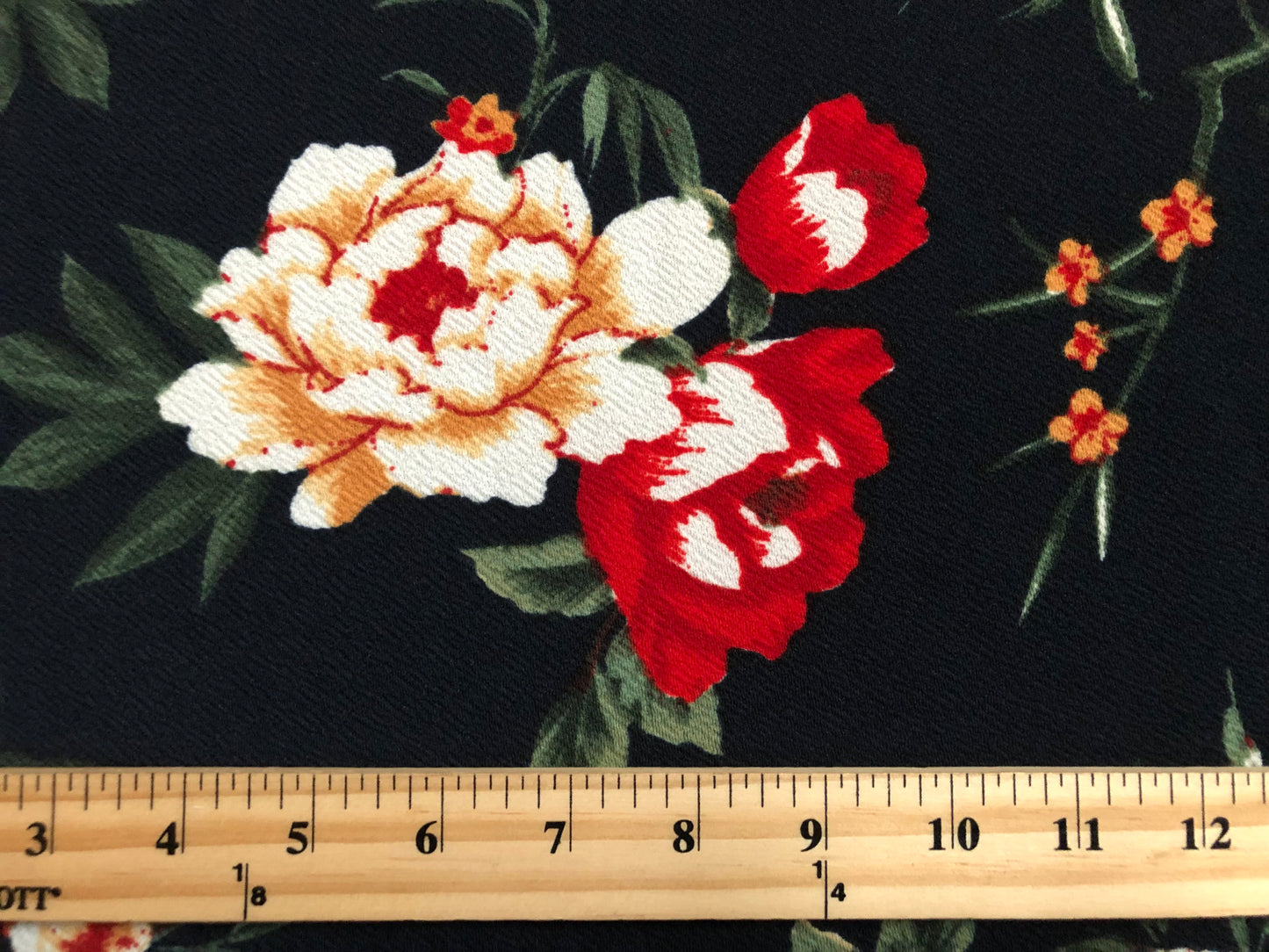 Liverpool Print Fabric-Navy Blue Red Mustard Ivory Flowers-LVPR306-Sold by the Yard-Apparel Fabric