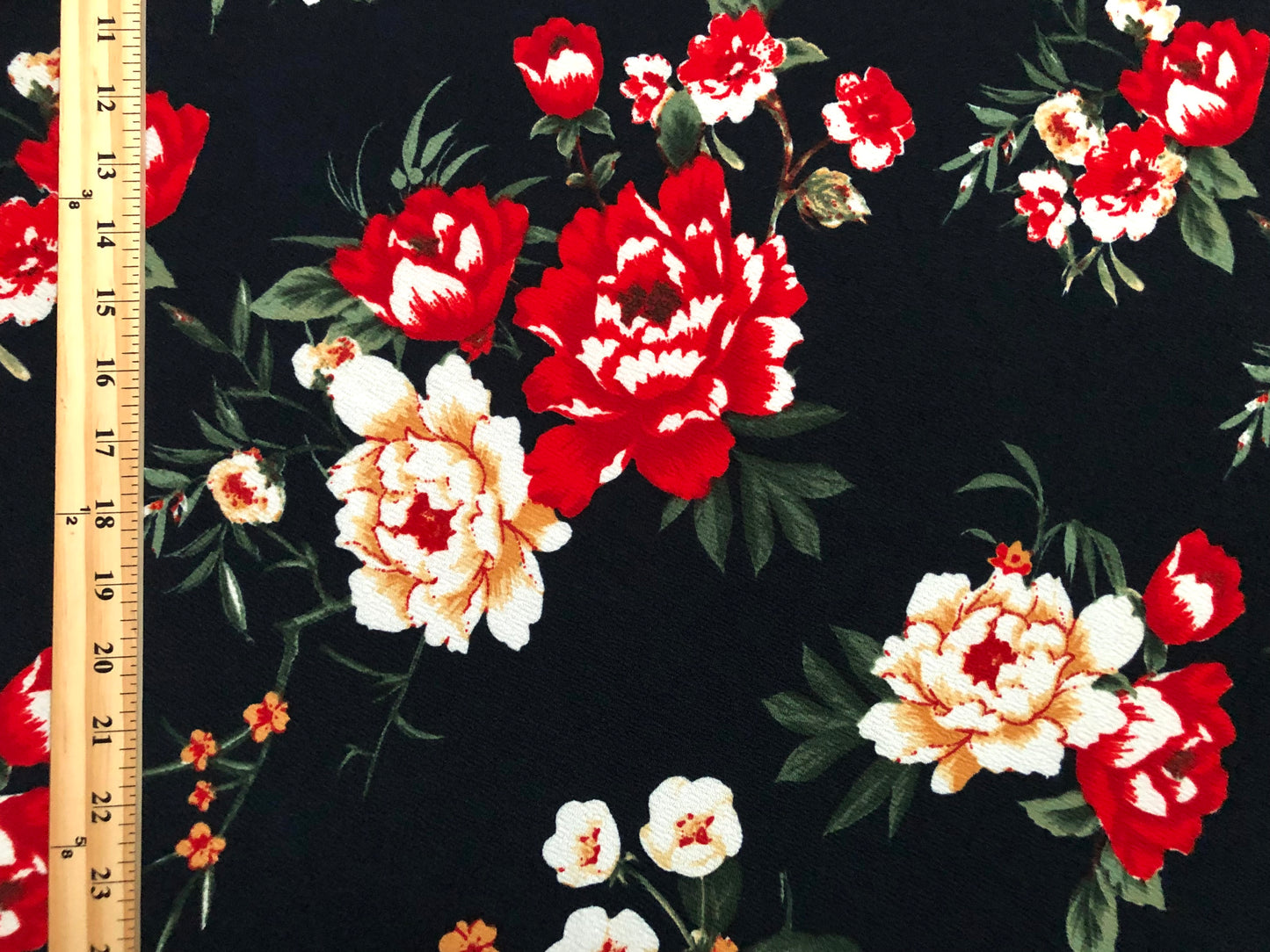 Liverpool Print Fabric-Navy Blue Red Mustard Ivory Flowers-LVPR306-Sold by the Yard-Apparel Fabric