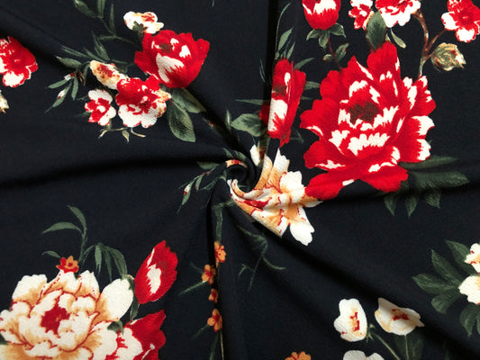 Liverpool Print Fabric-Navy Blue Red Mustard Ivory Flowers-LVPR306-Sold by the Yard-Apparel Fabric