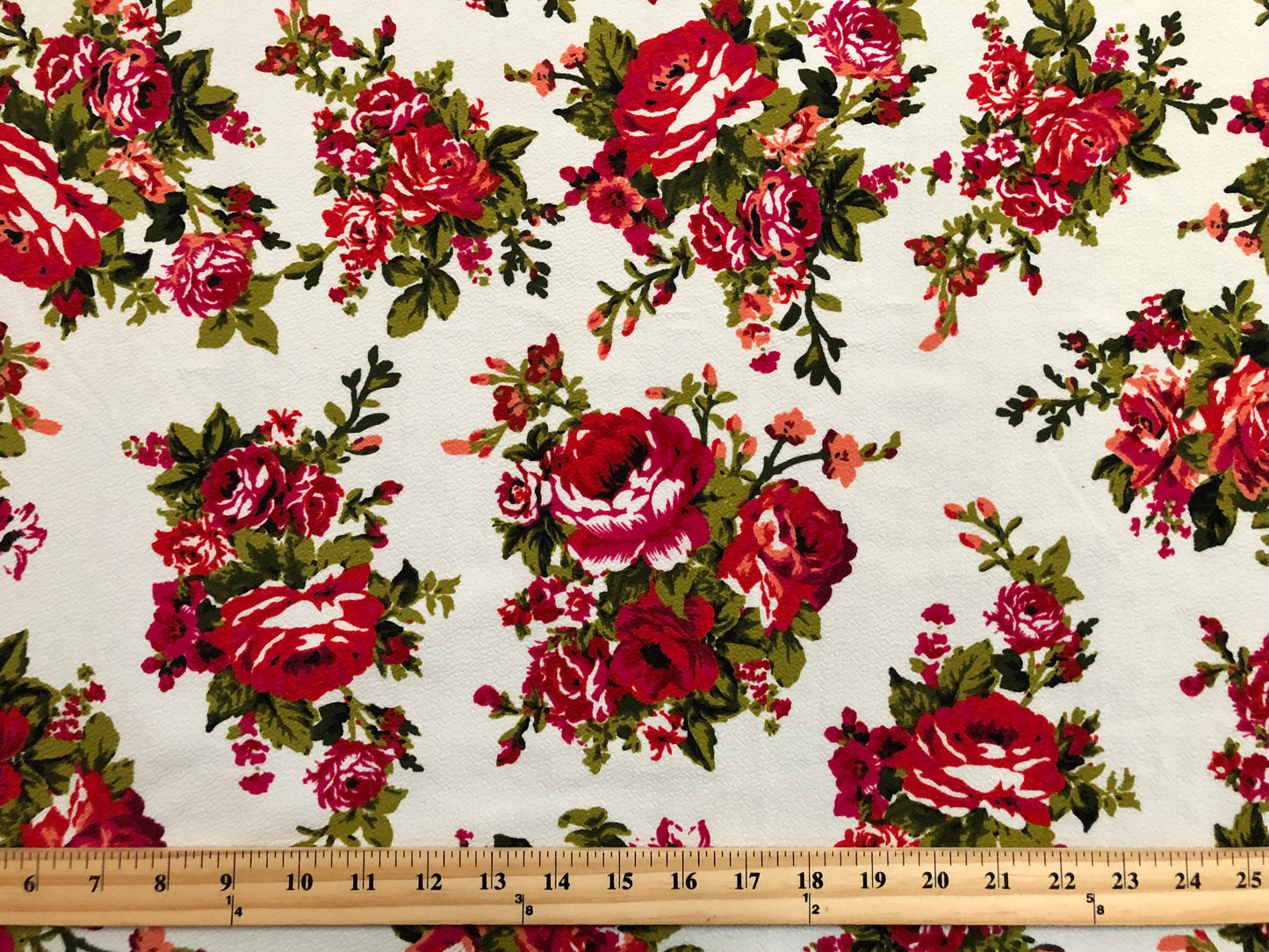 Liverpool Print Fabric-Ivory Red Olive Buquet of Roses-LVPR309-Sold by the Yard-Apparel Fabric