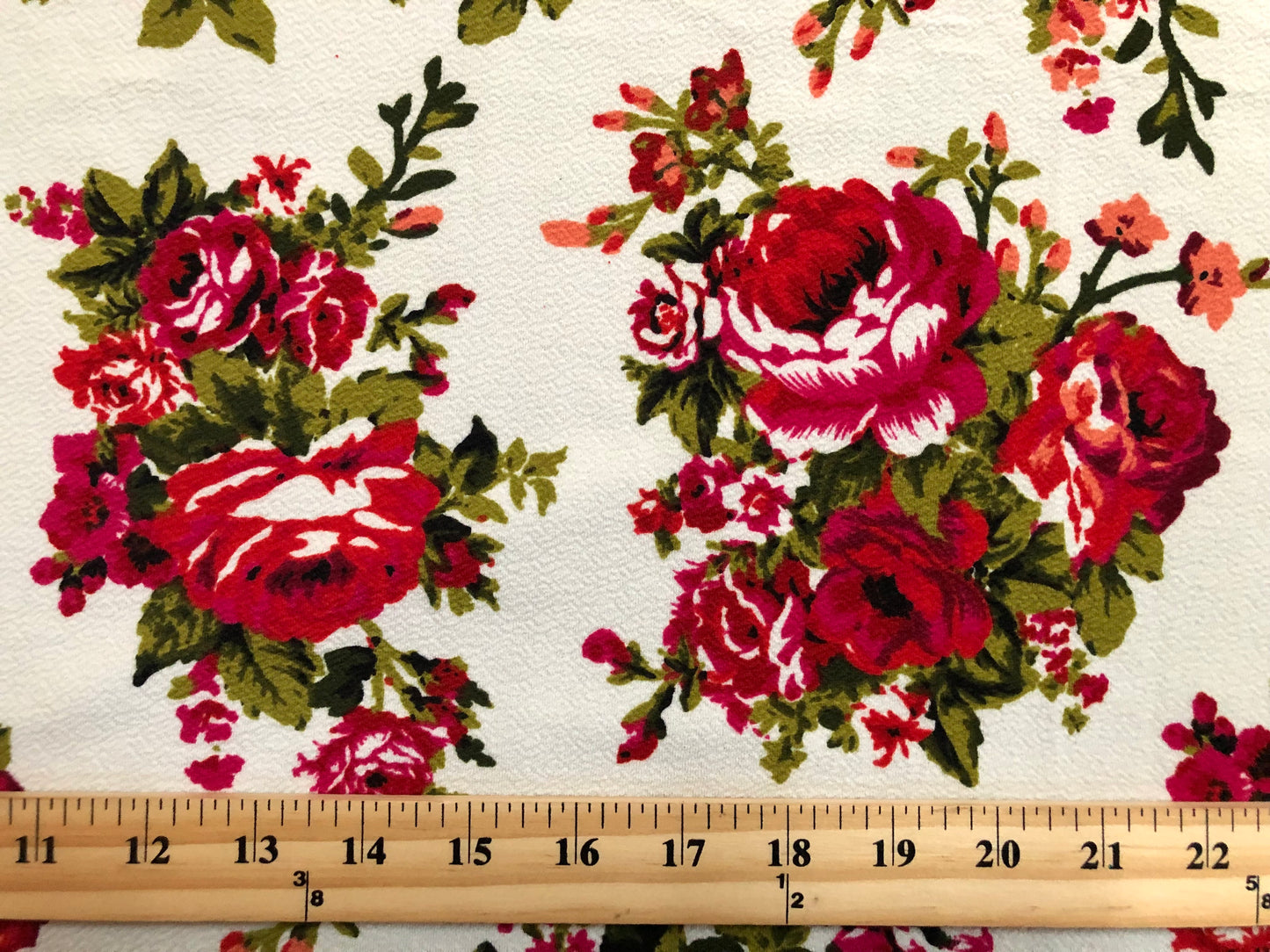 Liverpool Print Fabric-Ivory Red Olive Buquet of Roses-LVPR309-Sold by the Yard-Apparel Fabric