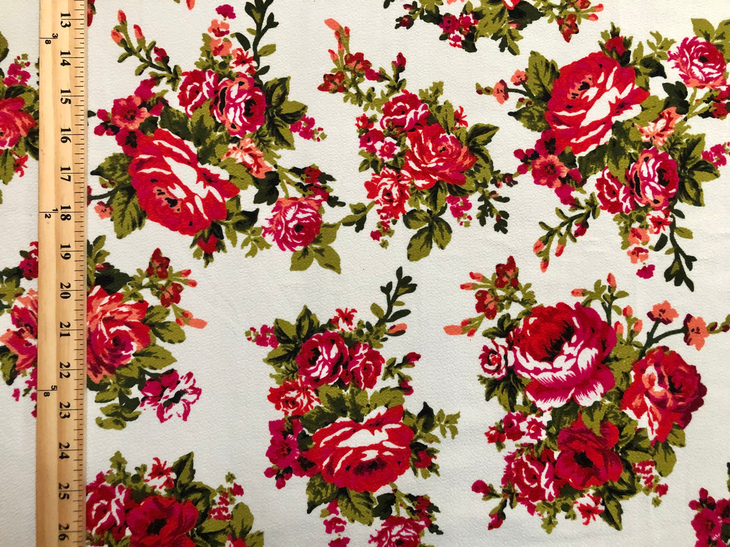Liverpool Print Fabric-Ivory Red Olive Buquet of Roses-LVPR309-Sold by the Yard-Apparel Fabric