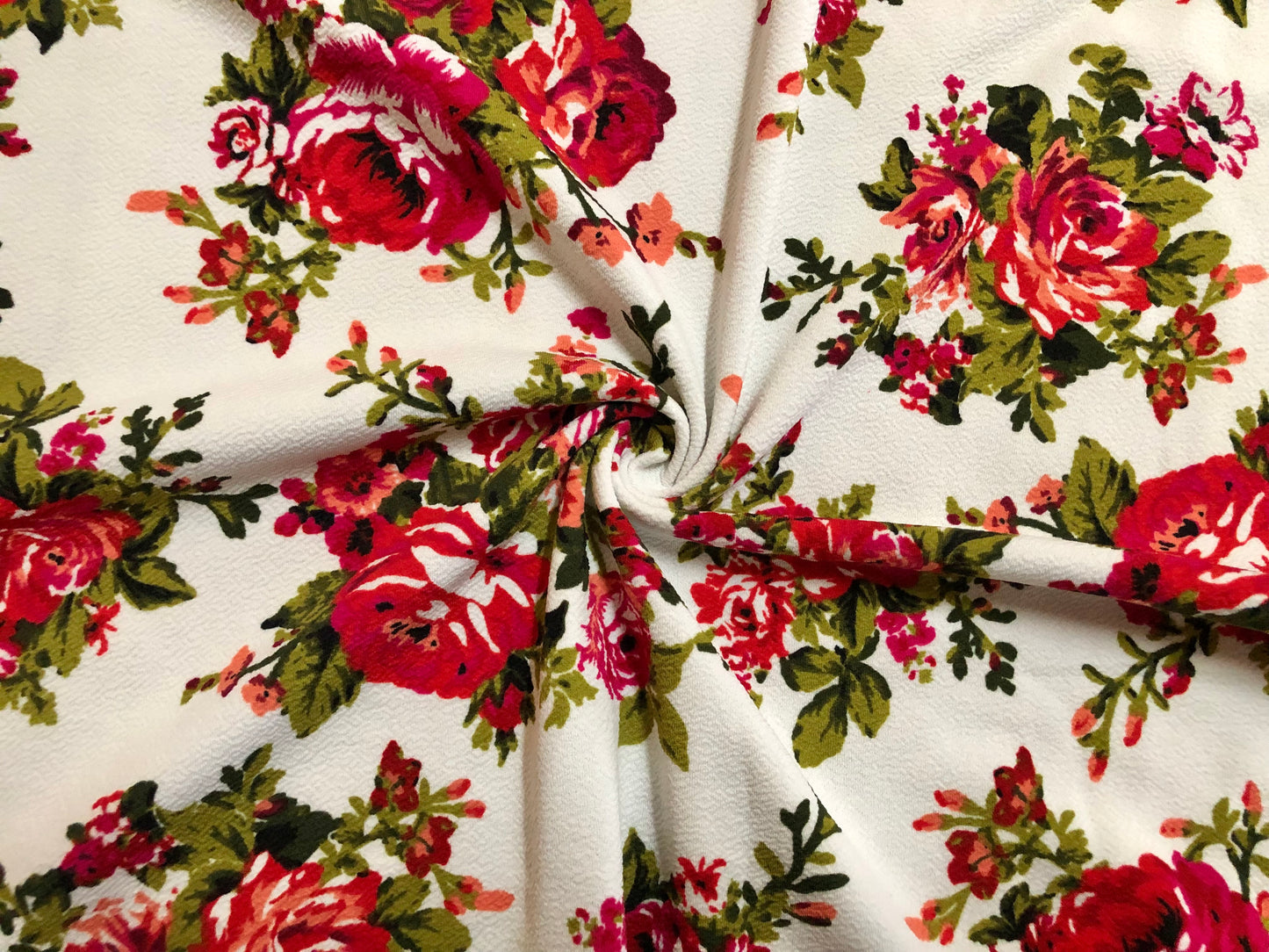 Liverpool Print Fabric-Ivory Red Olive Buquet of Roses-LVPR309-Sold by the Yard-Apparel Fabric