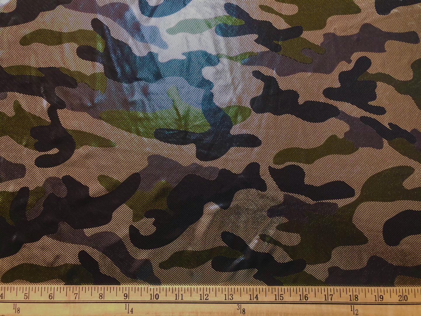 Woodland Camo Venezia with Foil – Smooth Drape, 2-Way Stretch, 58” Wide, 95/5 Poly Spandex (VPR02)