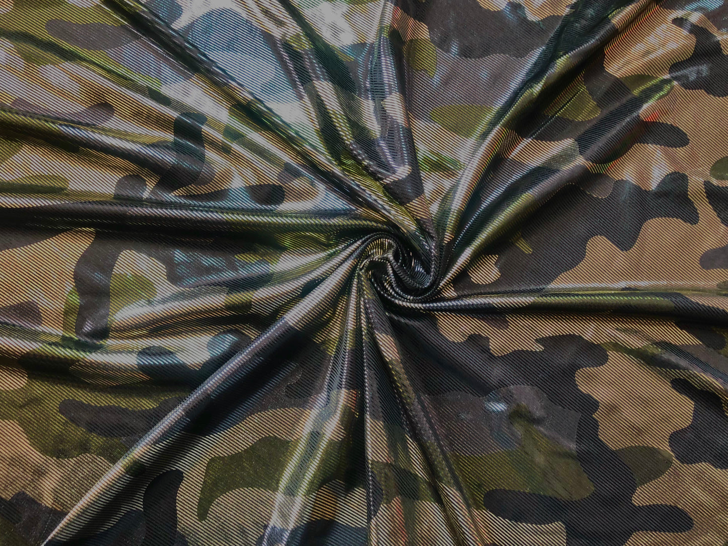 Woodland Camo Venezia with Foil – Smooth Drape, 2-Way Stretch, 58” Wide, 95/5 Poly Spandex (VPR02)
