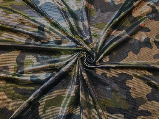 Woodland Camo Venezia with Foil – Smooth Drape, 2-Way Stretch, 58” Wide, 95/5 Poly Spandex (VPR02)