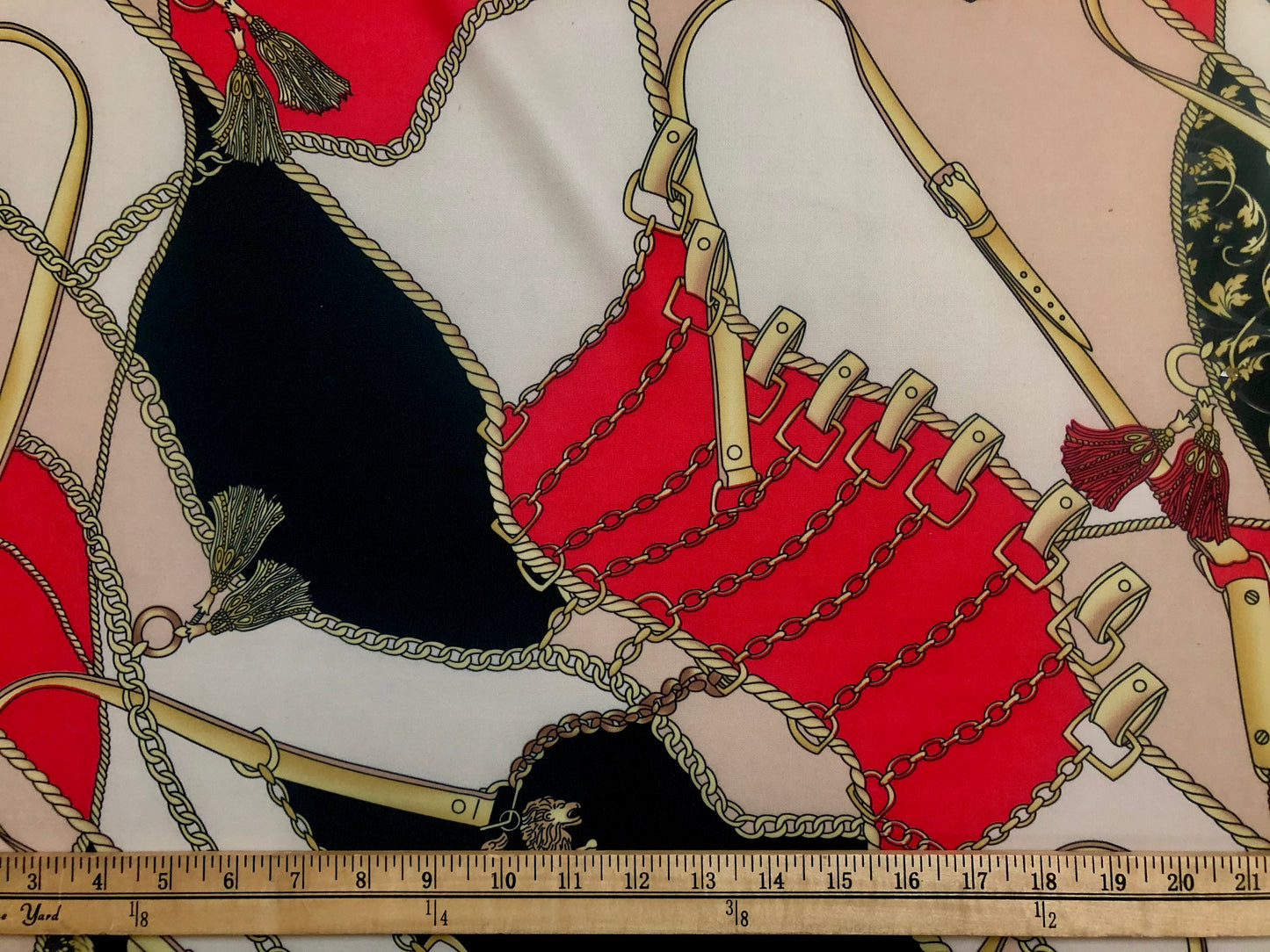 Scuba Techno Knit Fabric — Black/Red/Cream Equestrian Chain & Tassel Baroque Scarf Print, Soft-Touch Double Knit, 4-Way Stretch, 56″, 220 GSM — By the Yard (SCTPR010)