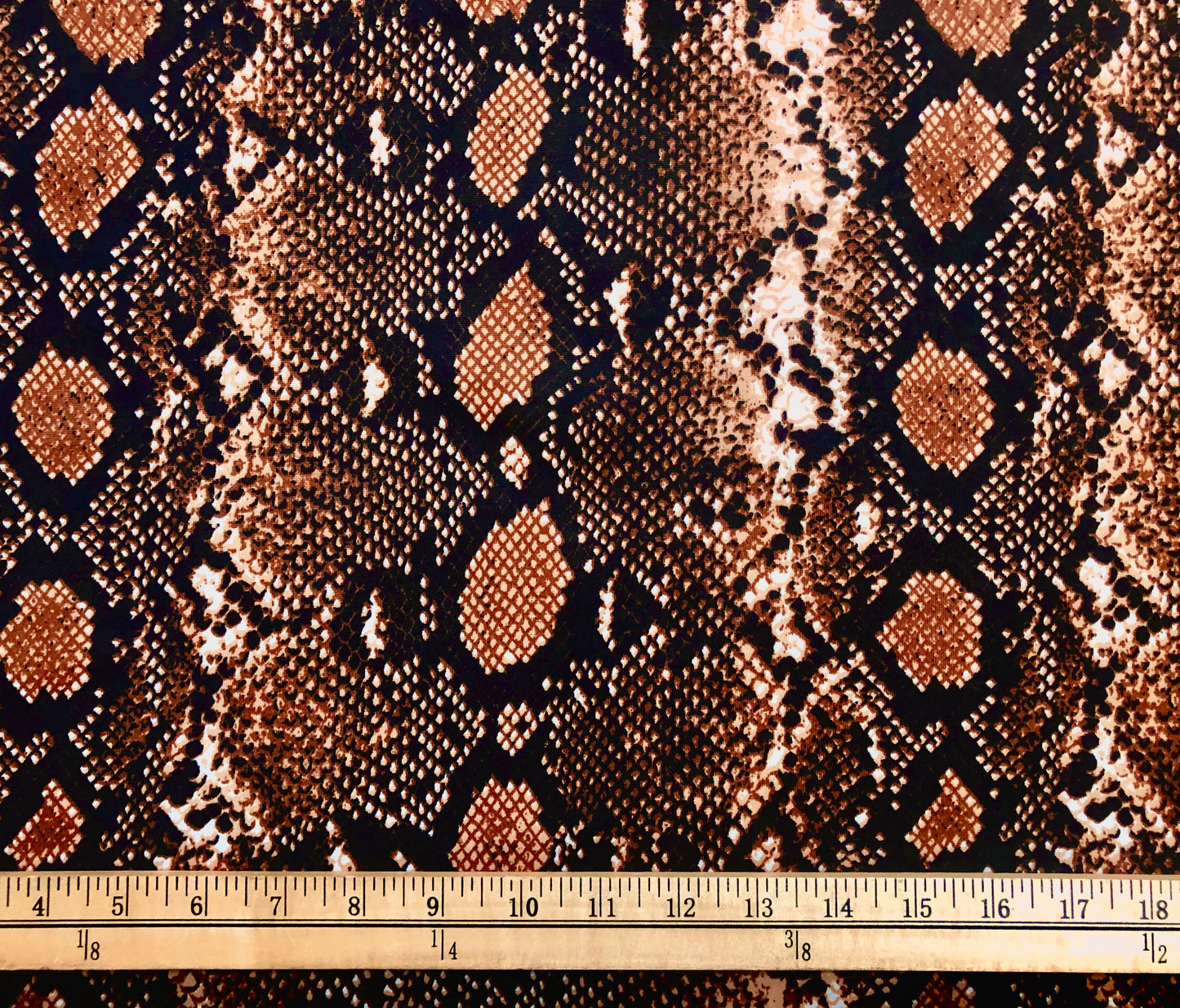 Scuba Techno Knit Fabric — Brown/Black/Tan Snakeskin Print, Soft-Touch Double Knit, 4-Way Stretch, 56″ Wide, 220 GSM — By the Yard (SCTPR013)