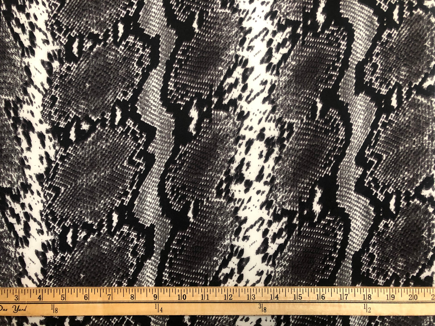 Scuba Techno Knit Fabric — Black/White/Charcoal Python Snakeskin Print, Soft-Touch Double Knit, 4-Way Stretch, 56″ Wide, 220 GSM — By the Yard (SCTPR020)